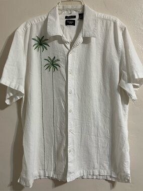 Haggar White Short-Sleeve Palm Embroidered Camp Shirt Washable Linen
